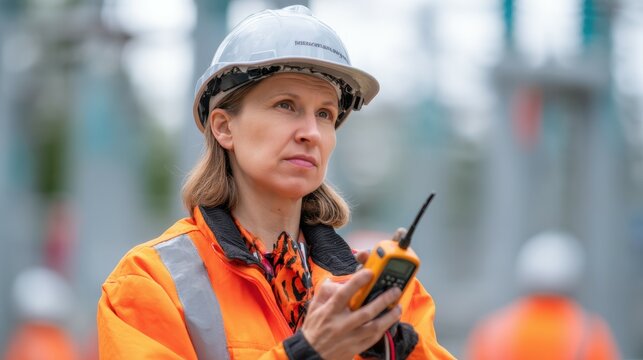 Female engineer using walkie talkie in industrial facility - Powered by Adobe