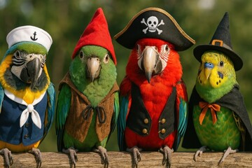 Parrots dressed as pirates.