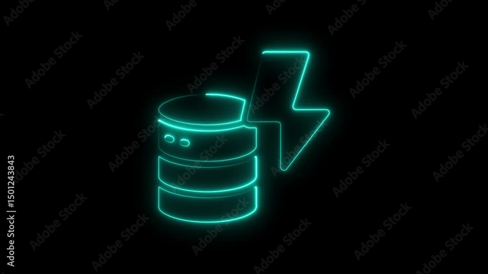Poster animated neon outline of database icon with lightning bolt on black background