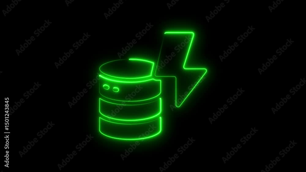 Poster glowing neon database server icon with lightning bolt concept design