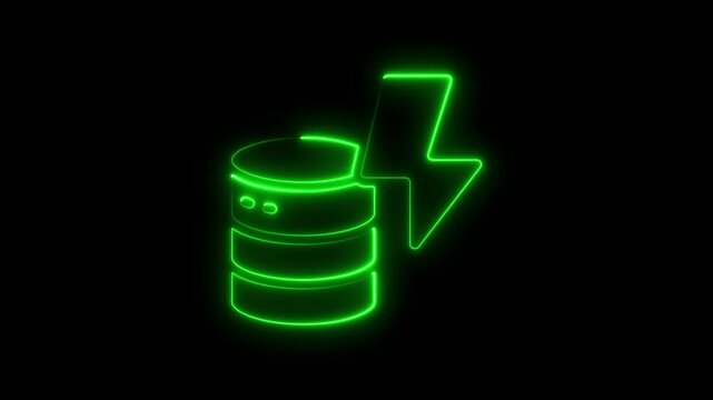 Glowing neon database server icon with lightning bolt concept design