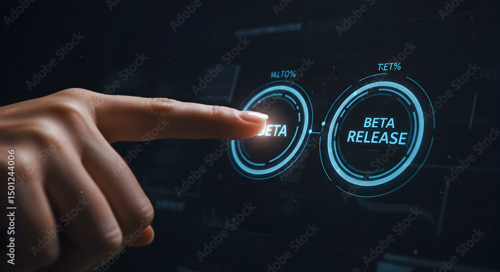 Poster beta testing and release concept finger touching screen technology software development process inno