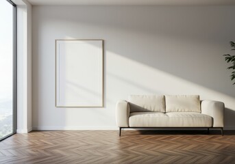 Minimalist Living Room Interior With Beige Sofa Wooden Floor and Empty Frame Photo