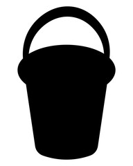 Bucket. Silhouette. Plastic bucket with handle raised up. Vector illustration. Isolated white background. Black container for gardening, cleaning, garbage collection. Idea for web design.