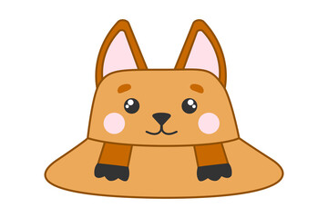 Summer fox hat, kids panama. Beach headwear accessory in cute baby design for boys and girls flat vector illustration