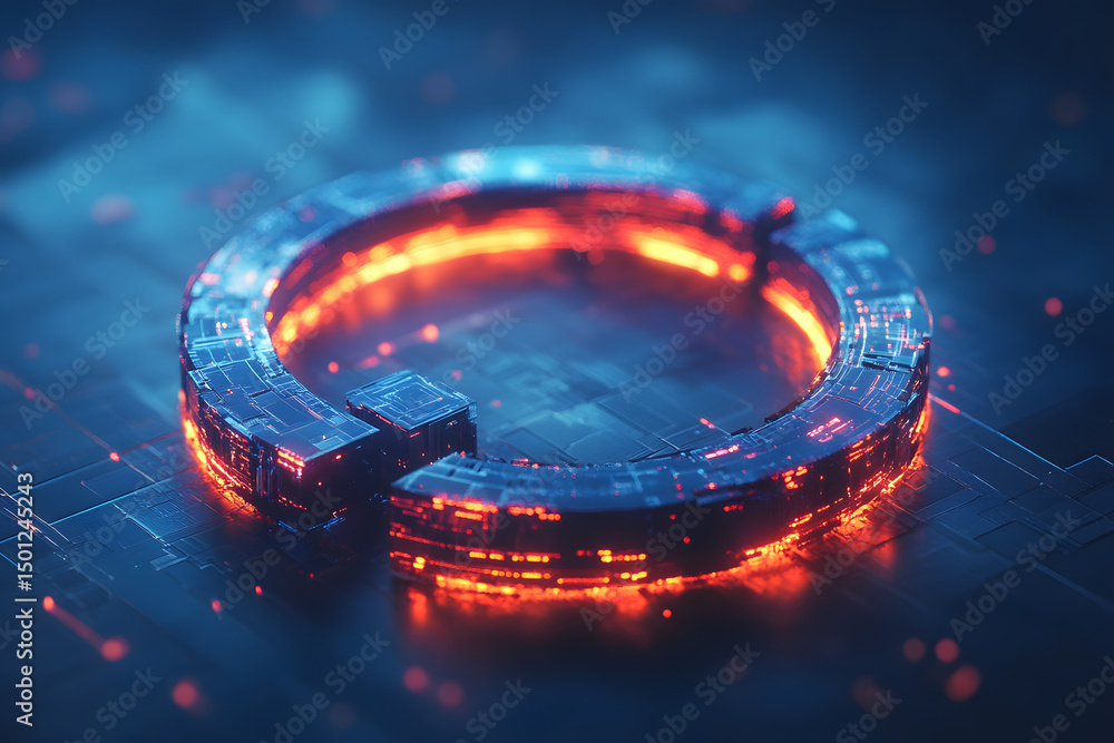 Poster a 3d rendering of an abstract glowy question mark interface on a blue background. technology, inform