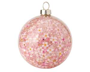 Round pink Christmas bauble with a delicate flower print on a transparent background