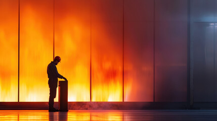 Firefighter stands front of large fire, showcasing dramatic scene of bravery and urgency. flames illuminate surroundings, creating striking