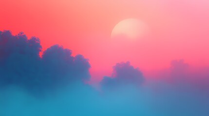 Fototapeta premium Surreal sunrise landscape with fog, trees, and a vibrant sky. Evokes feelings of peace, tranquility, and mystery.