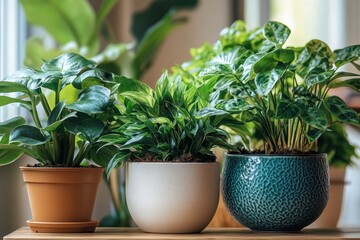 Fototapeta premium Three potted indoor plants displayed on a wooden shelf basking in natural light during the afternoon