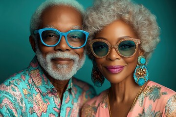 Obraz premium Stylish elderly couple poses together with vibrant fashion and accessories in a bright and cheerful studio setting