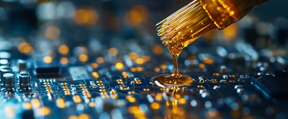 Close-up: Applying protective lacquer or glue to a circuit board with a brush