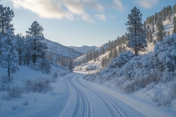 Obraz premium Sleigh tracks leading through a quiet, untouched snowy countryside, Generative AI