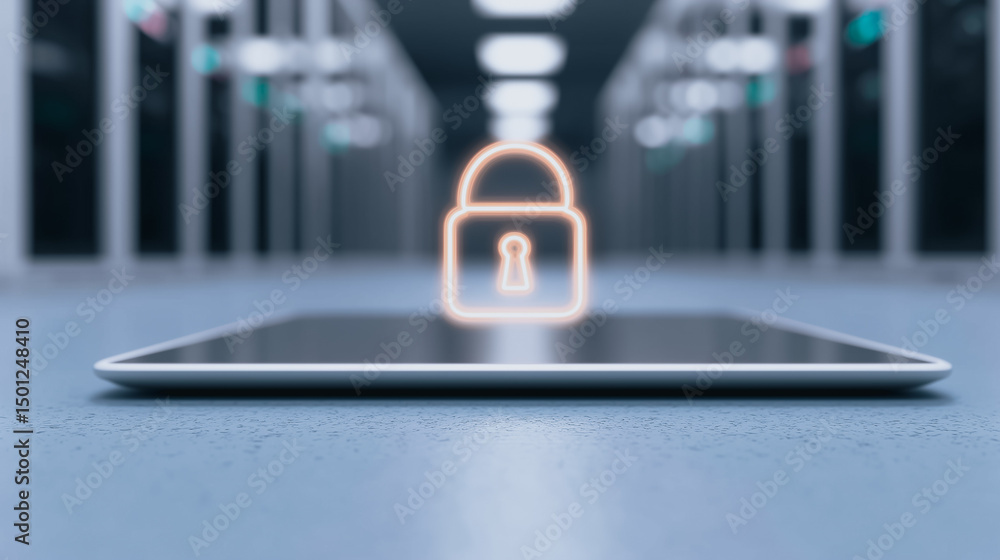 Aufkleber cybersecurity on tablet: a glowing padlock icon hovers above a tablet computer, set against the blur