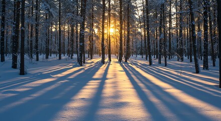 Winter Forest with Sunlight and Shadows