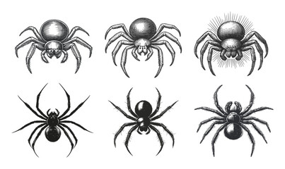 Vintage Spider Illustration Set in Black and White Vector Art Design