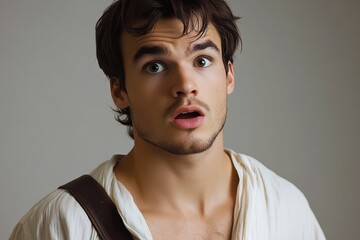 Surprised young man with tousled hair and expressive eyes in a simple white shirt, showcasing a moment of astonishment in a neutral background