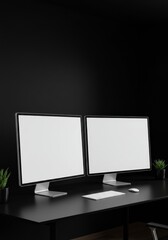 Modern Minimalist Workspace With Two Monitors on Black Desk Photo