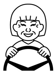 女性高齢者ドライバーのモノクロイラスト