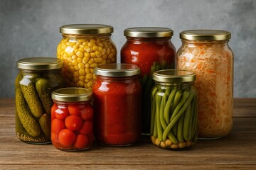 Colorful jars of preserved vegetables.