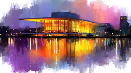 Fototapeta premium Arts Center at Night Vivid Reflections and Vibrant City Lights.