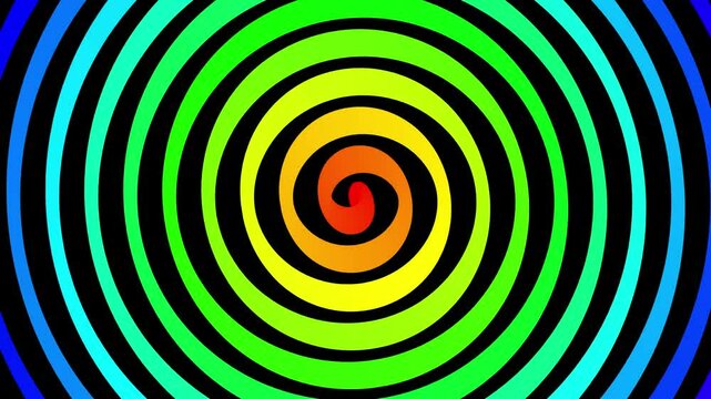 Long colorful spiral featuring irregular brushstroke edges continuously rotates at a fixed speed on a black background producing a hypnotic visual effect