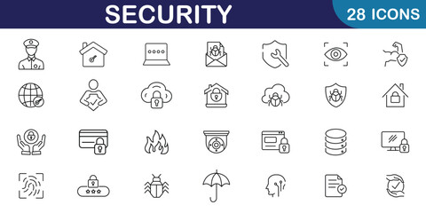 Security icon set. Safety, protection thin line icons for website marketing design, logo, app and template. Set of lock, key, camera, security guard, surveillance, access control. Vector illustration.