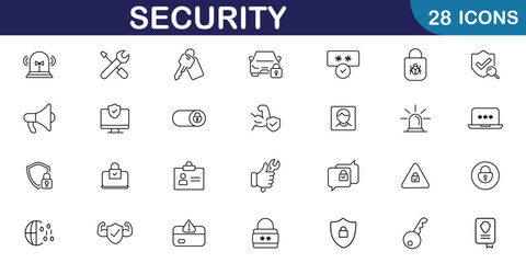 Security icon set. Safety, protection thin line icons for website marketing design, logo, app and template. Set of lock, key, alarm, security guard, surveillance, access control. Vector illustration.