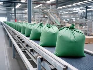 Green sacks on a conveyor belt in factory, industrial production line and manufacturing.