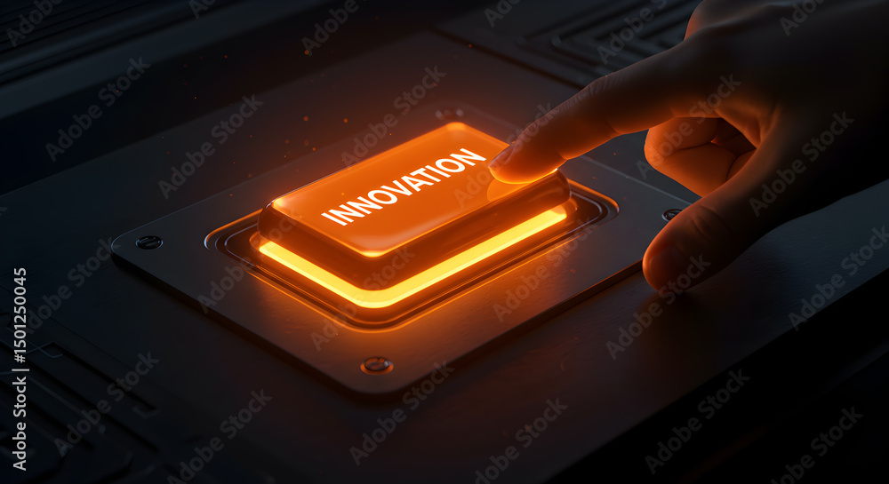Aufkleber innovation button press concept for new ideas and technology development and creative solutions push