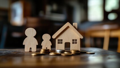 Wooden figurines of a family and a small house, nestled on a wooden surface with coins.  A soft-focus background suggests a home setting