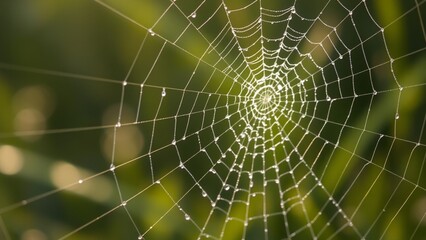 Fototapeta premium Dew-Kissed Spider Web - Intricate Nature Art with Water Droplets.