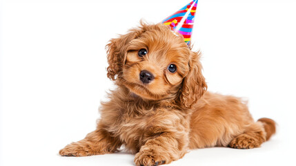 Cute puppy wearing colorful party hat, celebrating joyful occasion with playful expression. This adorable pet brings happiness and fun