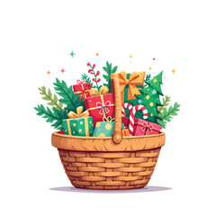 Vsai wicker basket overflowing with christmas presents and decorations