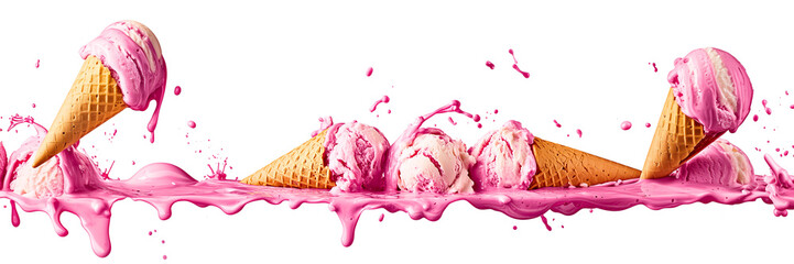 summer composition / frame made with strawberry pink ice cream melting and splashing isolated over white (transparent) background