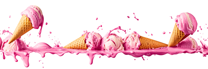 summer composition / frame made with strawberry pink ice cream melting and splashing isolated over white (transparent) background