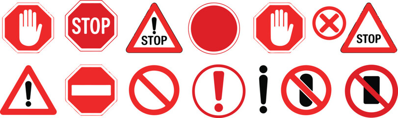 Red Stop and Warning Sign Icons – Traffic, Prohibition, and Alert Symbols Vector Set