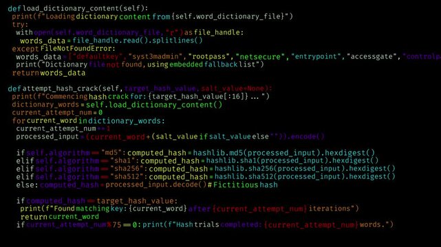 Programming language simulation displays lines of text scrolling across the screen followed by the appearance of PASSWORD FOUND phrase