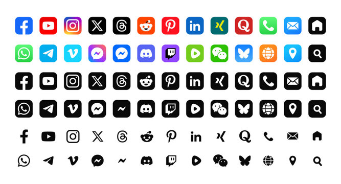 Set of popular social media logos and contact icons. facebook, youtube, instagram, threads, x, linkedin, telegram,whatsapp, reddit, pinterest, quora, discord, messenger, twitch, phone, location, mail,