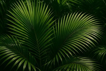 Tropical palm fronds. Green palm leaves overlapping in rainforest foliage. Texture of exotic palm leaves. Palm tree. Palm tree leaves background. Palm tree pattern. Wallpaper. Palm leaf background