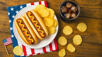 Patriotic Picnic with Hot Dogs, Potato Chips, and Iced Cola – Classic American Summer Meal