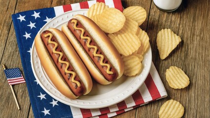 Patriotic Picnic with Hot Dogs, Potato Chips, and Iced Cola – Classic American Summer Meal