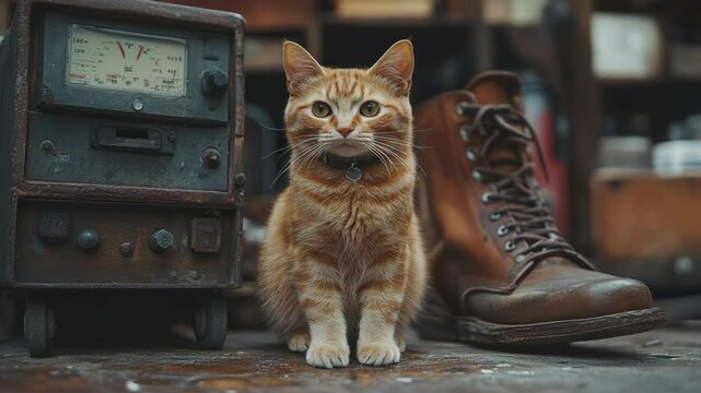 A cat standing next to a pair of boots