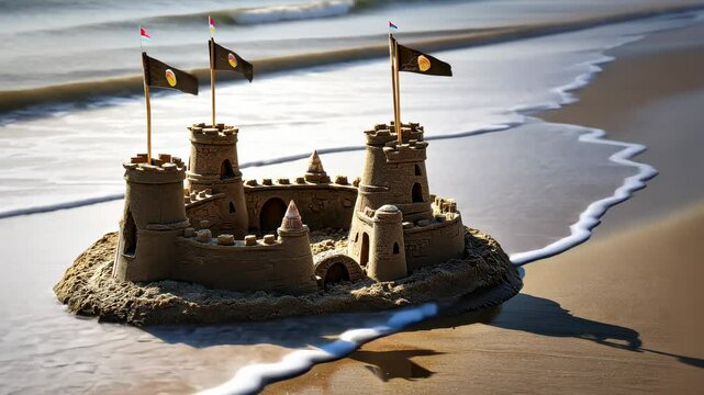 Sandy fortress with flags