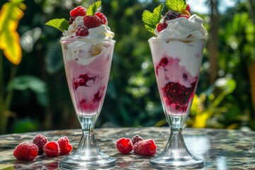 Two dessert glasses filled with a layered berry and cream dessert.