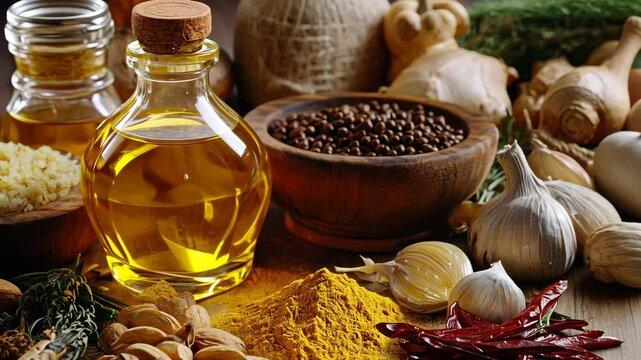 Close-up of various cooking spices and oils in a kitchen setting, with a focus on garlic cloves, peppercorns, and seasonings.