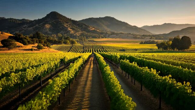 Vineyard vista. Rolling hills backdrop vibrant grapevines in perfect rows under a clear blue sky. Golden sunlight
