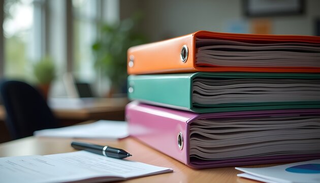 A stack of colorful binders sitting on top of a wooden desk, with papers and a pen scattered around