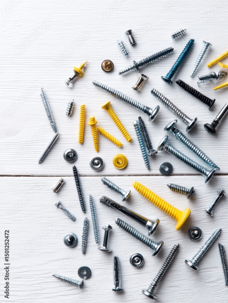 Aufkleber flatlay of diverse construction fasteners and screws arranged on a white desk with open upper margin
