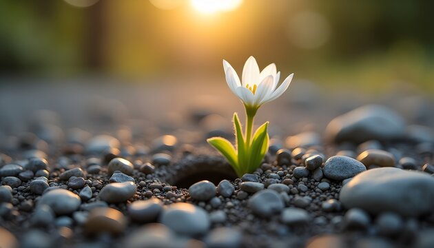 A small white flower emerging from a hole in a rocky surface during sunset
